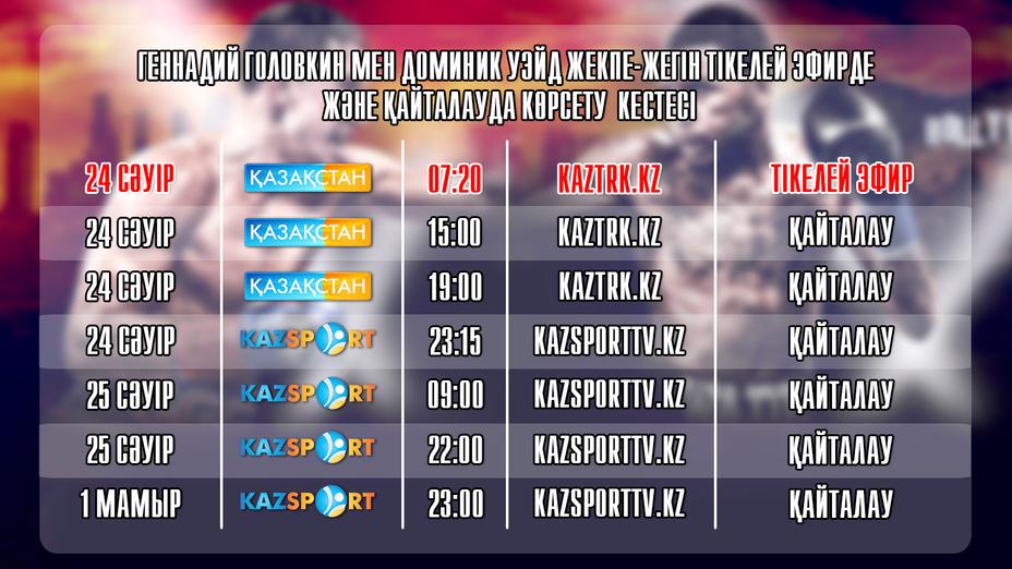 Головкин-Уэйд жекпе-жегінің қайталауын «Қазақстан», «Kazsport» телеарналары мен kaztrk.kz сайтынан көре аласыздар
